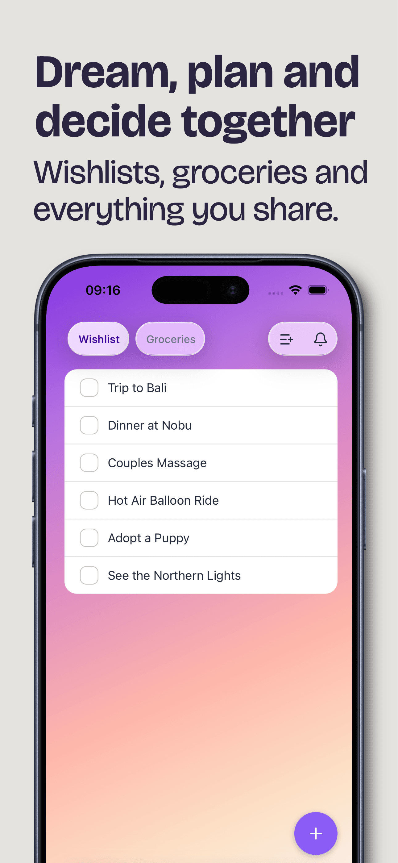 Welu shared lists showing grocery items and to-dos synced between partners